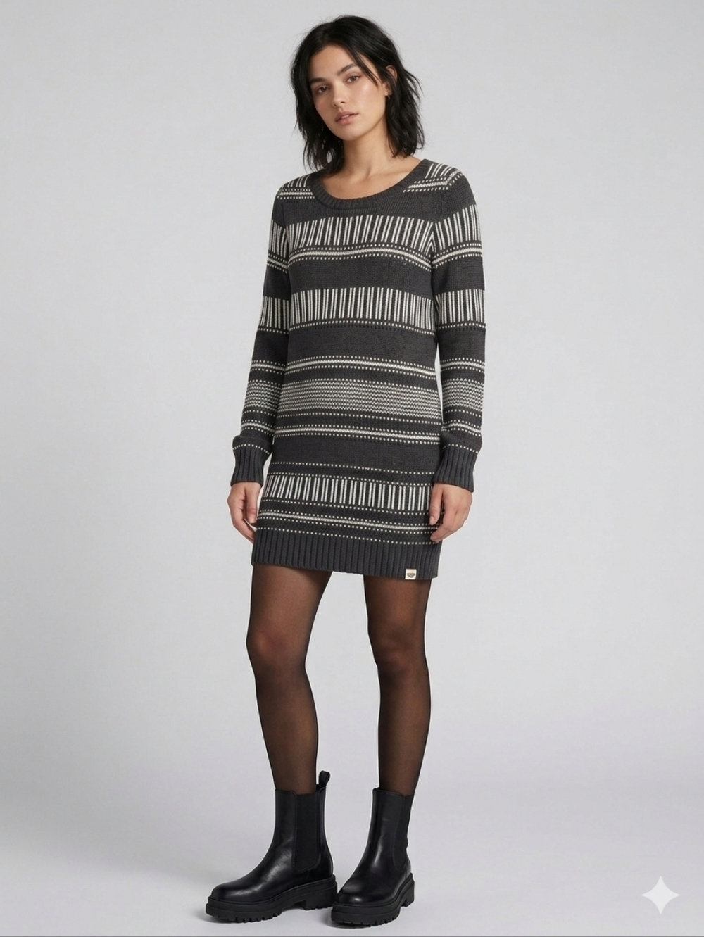 Roxy Grey White Striped Open Knit Longline Sweater Dress Tunic M Indie Sleaze